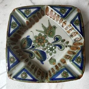 Vintage Folk Art Mexican Tonala El Palomar Pottery Square Ashtray
